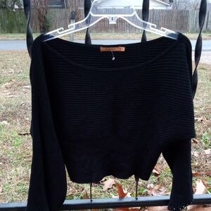 BELLDINI Chic Off-the-Shoulder Black Crop Top Gemmed Belle Sleeve Sweater